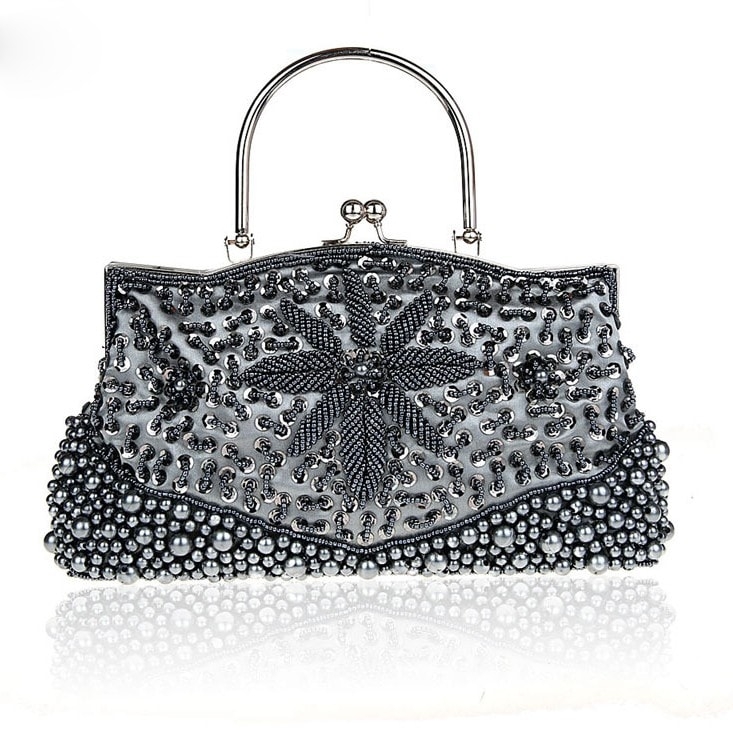 Grey Beaded and Sequined Clutch Bag Evening Bags