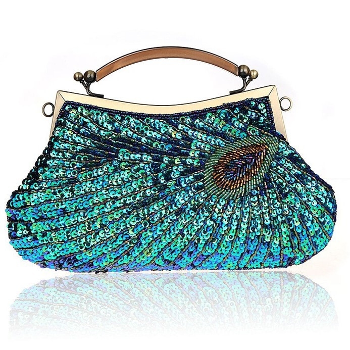Green Sequin Beading Peacock Pattern Clutch Bags