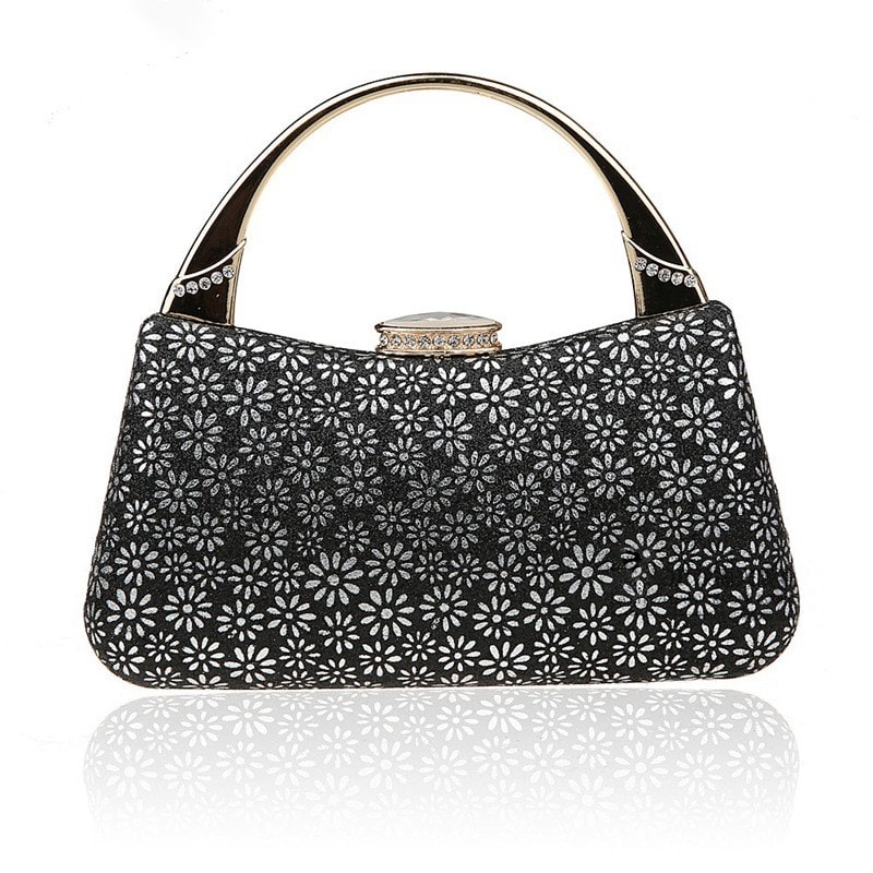 Black Floral Evening Bag Rhinestone Fashion Handbag
