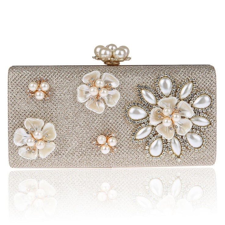 Champagne Pearl Flowers Box Evening Clutch Purse Crystal Wedding Bag