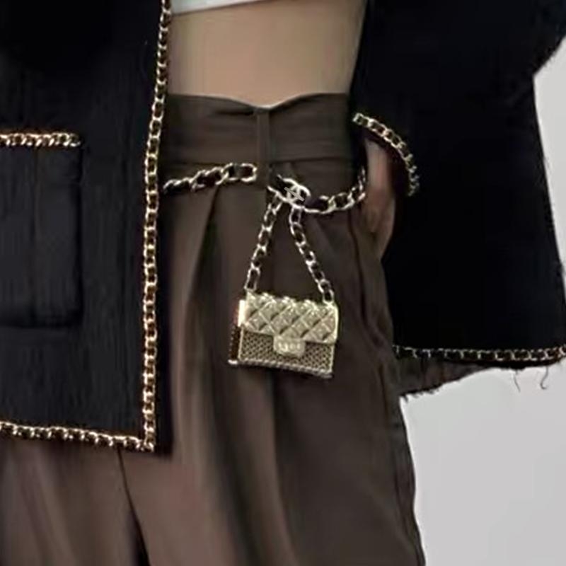 Silver Crossbody Belt Bag Mini Bag Pearl Chain Metal Quilted Bags