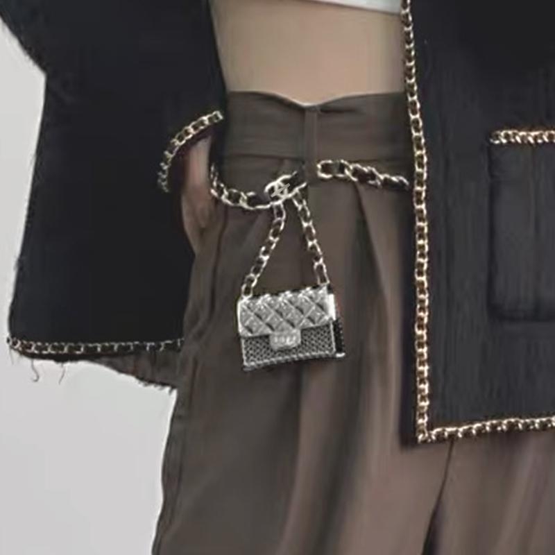 Gold Crossbody Belt Bag Mini Bag Pearl Chain Metal Quilted Bags