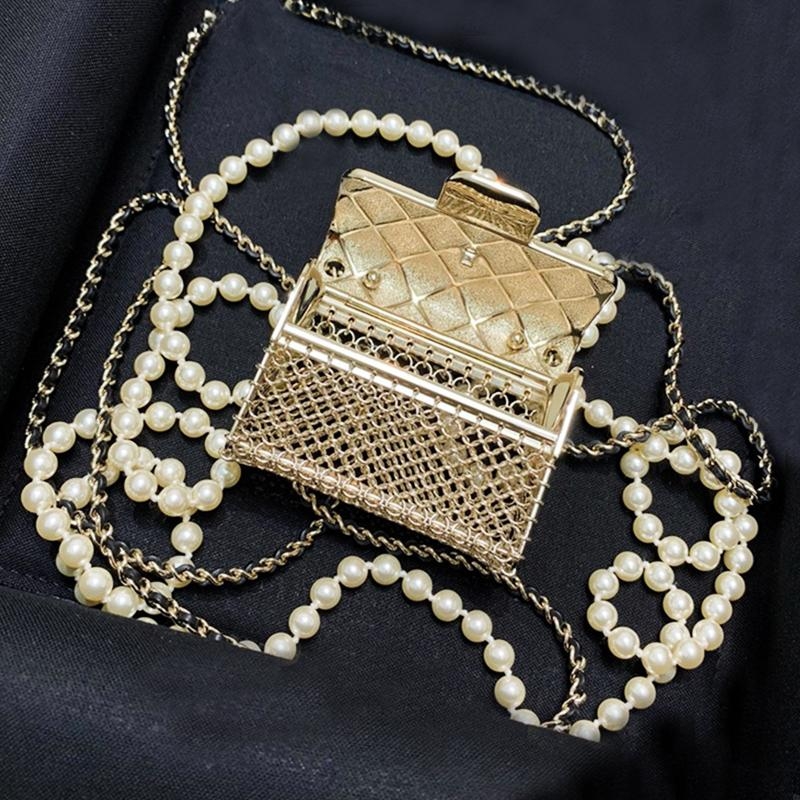 Gold Crossbody Belt Bag Mini Bag Pearl Chain Metal Quilted Bags