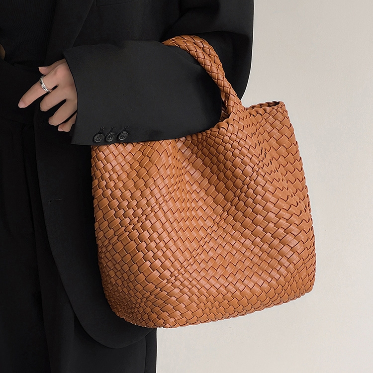 Apricot Woven Vegan Leather Shopper Bag Large Handbag Soft Purse