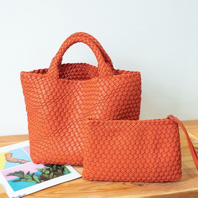 Orange Woven Vegan Leather Shopper Bag Large Handbag Soft Purse for ...