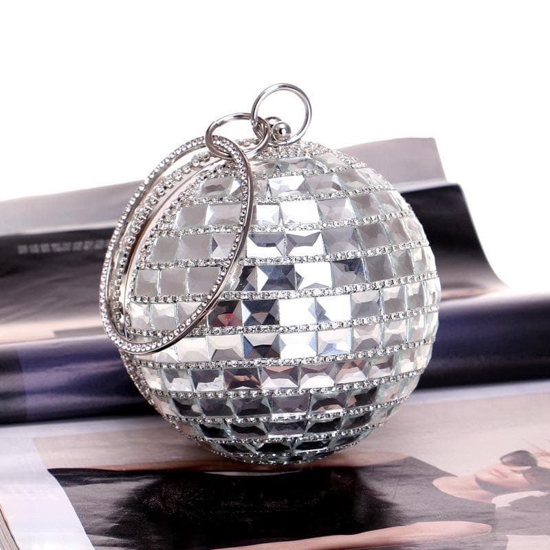 Silver Round Ball Clutch Rhinestones Glass Evening Bags with Chain