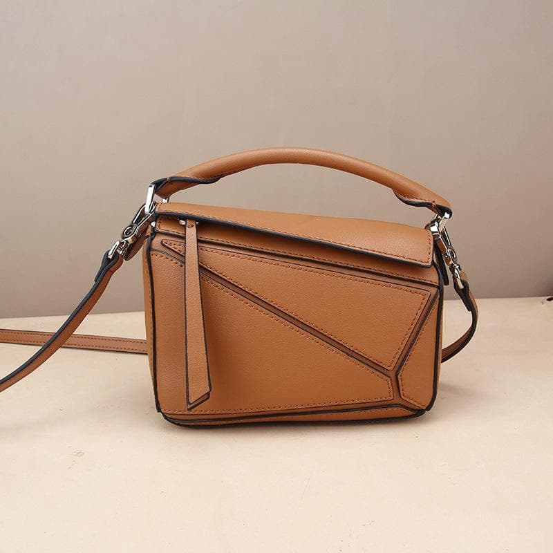 Tan Leather Geometric Trim Handbags Zipper Square Shoulder Bags