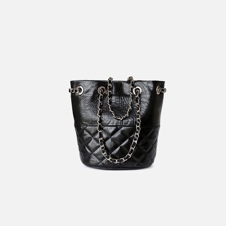 Black Soft Leather Bucket Bag with Crossbody Chain Purse For Dresses