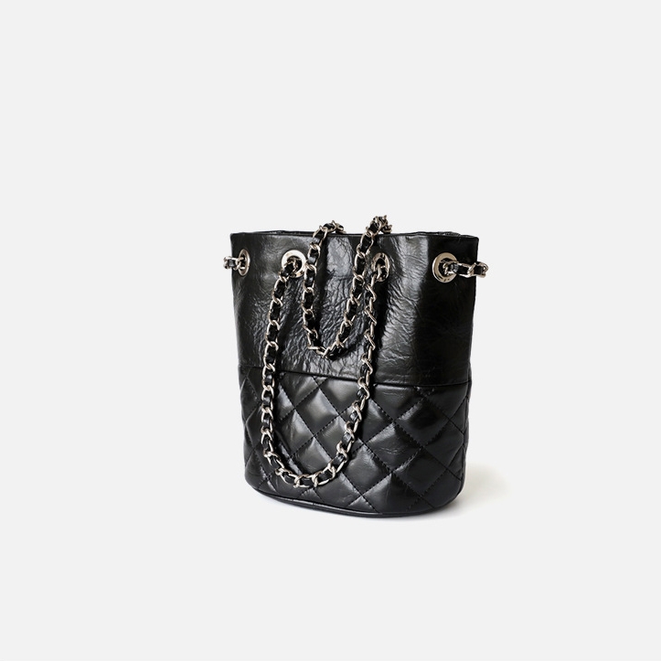 Black Soft Leather Bucket Bag with Crossbody Chain Purse