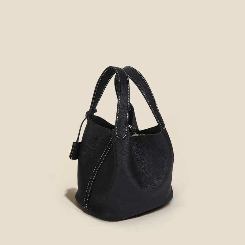 Black Soft Leather Bucket Handbag Basket Bag with Inner Pouch