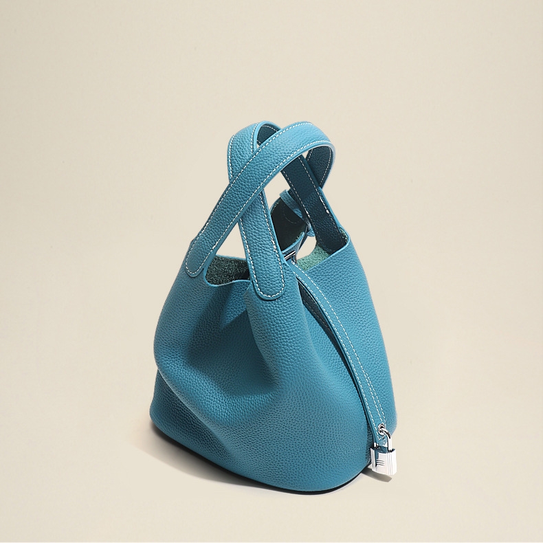 Blue Soft Leather Bucket Handbag Basket Bag with Inner Pouch