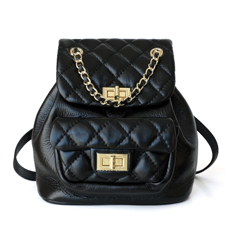 Black Soft Leather Quilted Bag Flap Backpack Purse With Chain Strap