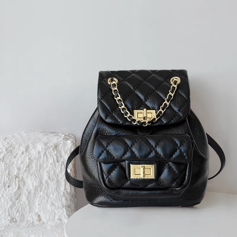 Black Soft Leather Quilted Bag Flap Backpack Purse With Chain Strap