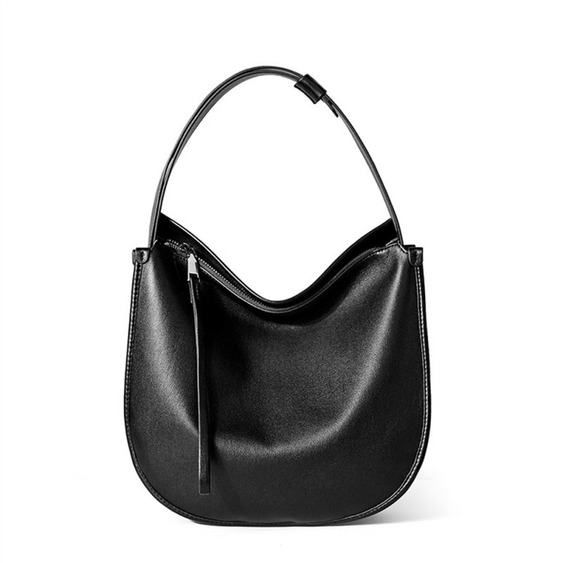 Black Soft Leather Totes Wide Strap Crossbody Tote Bags With Zip