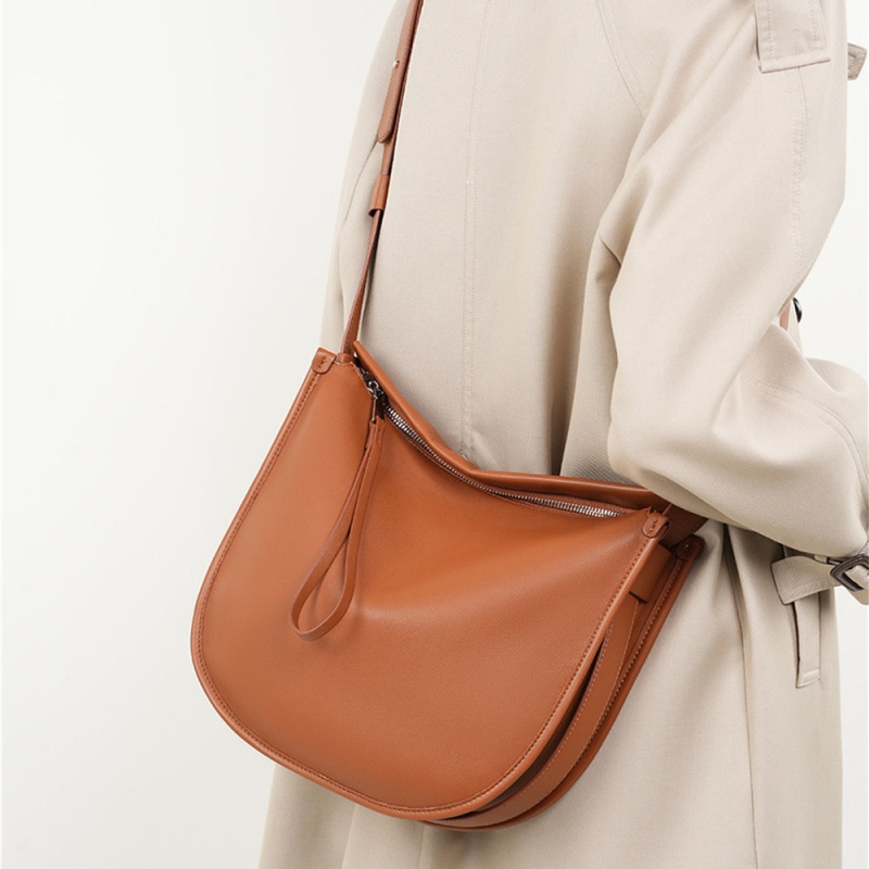 Brown Soft Leather Totes Wide Strap Crossbody Tote Bags With Zip