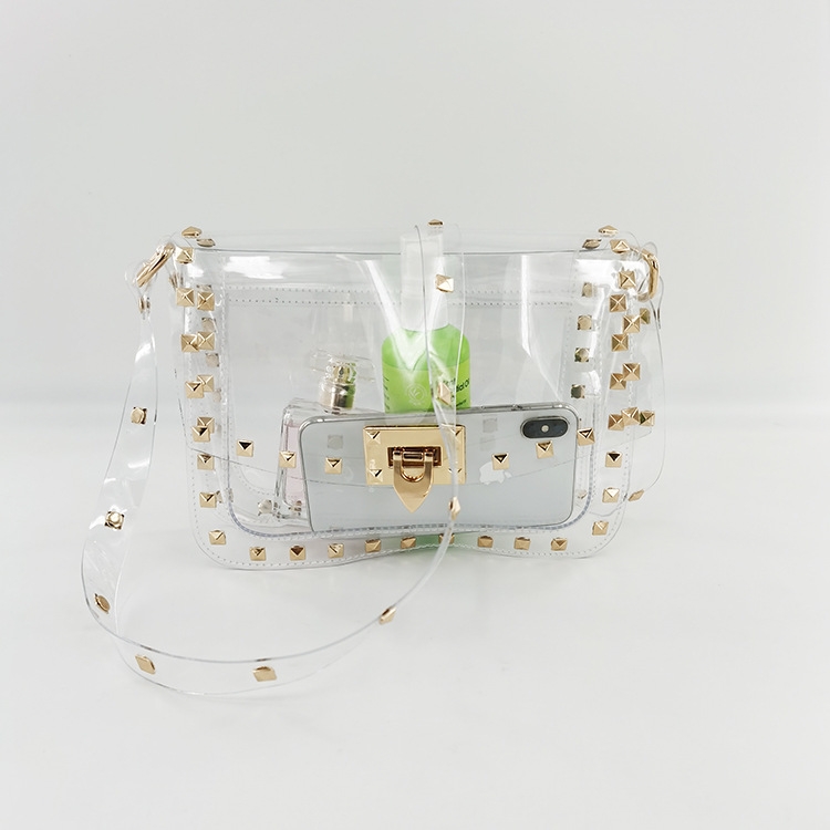 Studded Rivet Flap Clear Shoulder Bag Crossbody Purse with Chain Strap