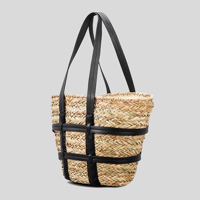 Summer Brown Leather Shoulder Raffia Woven Tote Beach Bags