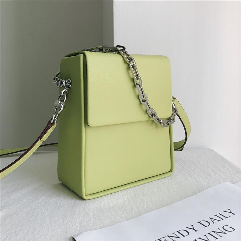 Green Summer Leather Crossbody Box Bag Purse with Silver Chain