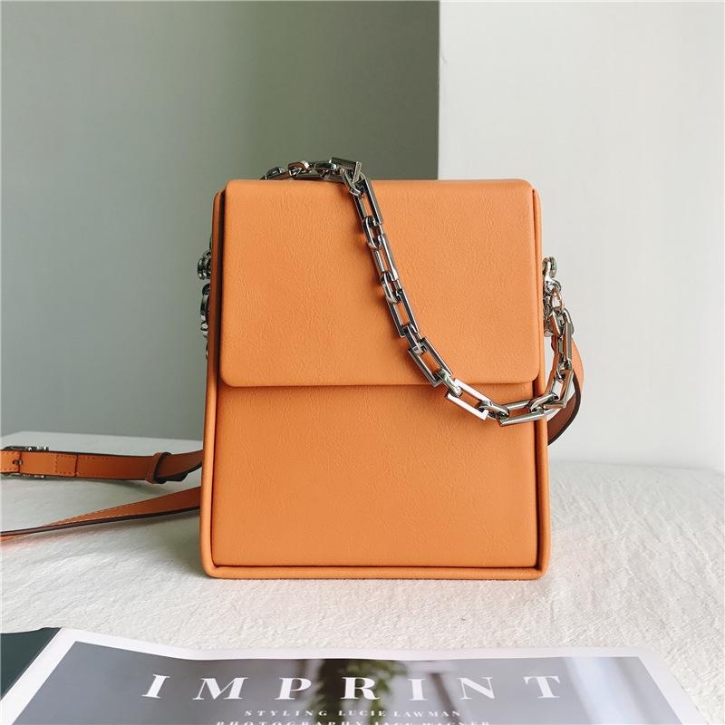 Orange Summer Leather Crossbody Box Bag Purse with Silver Chain
