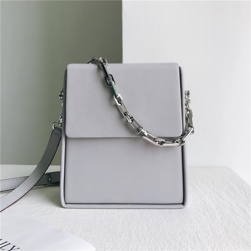 Beige Summer Leather Crossbody Box Bag Purse with Silver Chain