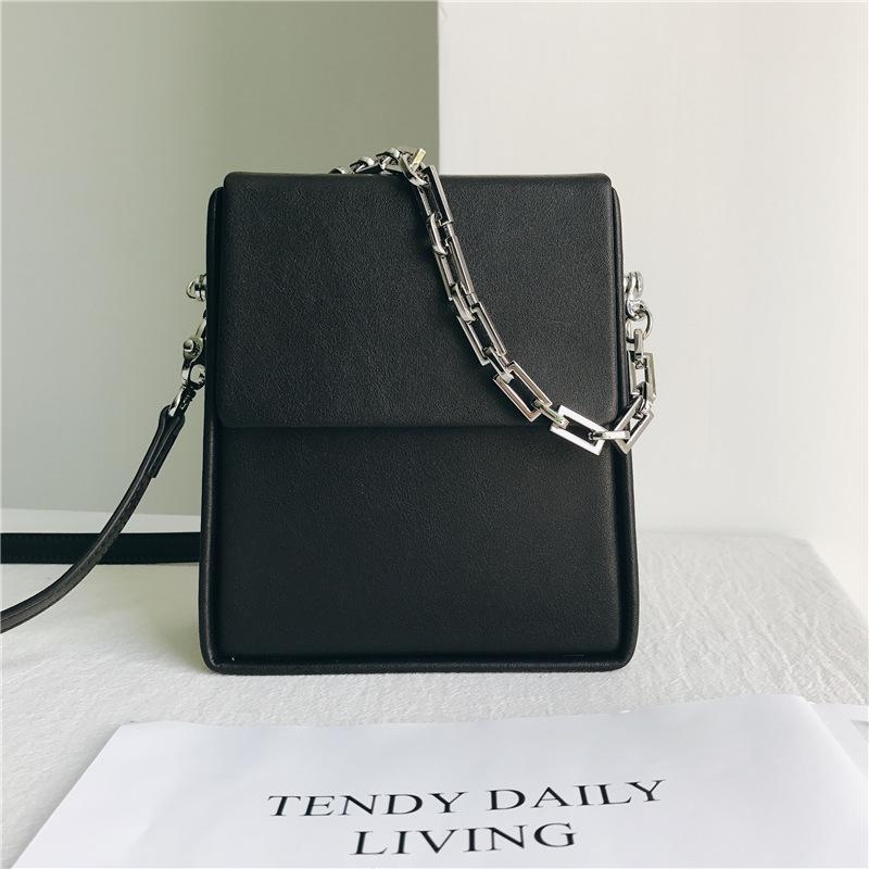 Black Summer Leather Crossbody Box Bag Purse with Silver Chain