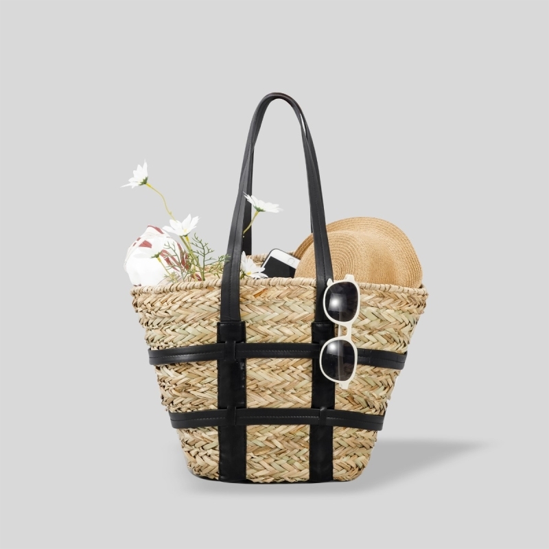 Summer Brown Leather Shoulder Raffia Woven Tote Beach Bags