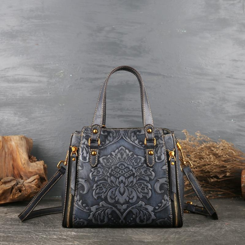 Black Flowers Embossing Vegan Leather Bucket Handbags Vintage Purses