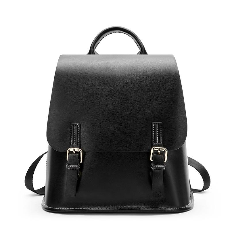 Black Leather Backpack Foldover Double Buckles Outgoing Backpack ...