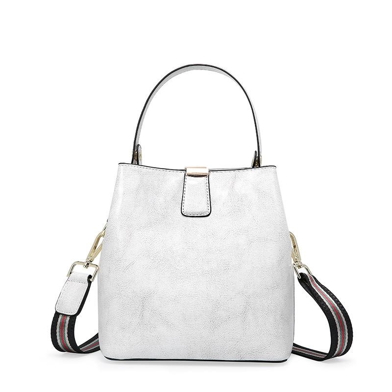 White Leather Bucket Handbags Wide Strap Shoulder Bags