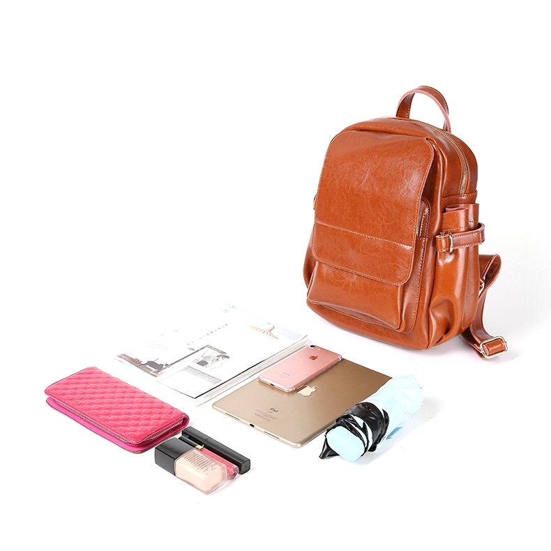 Tan Long Flap Leather Backpack Retro College Style School Backpacks