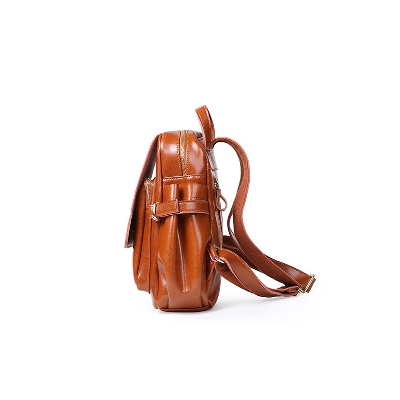 Tan Long Flap Leather Backpack Retro College Style School Backpacks