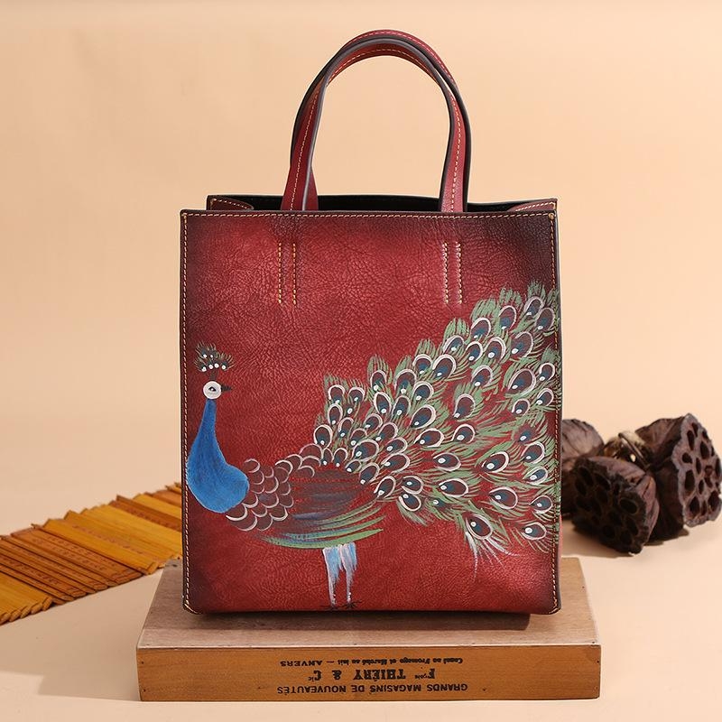 Tan Peacock Leather Tote Bags Shoulder Shopper Bags