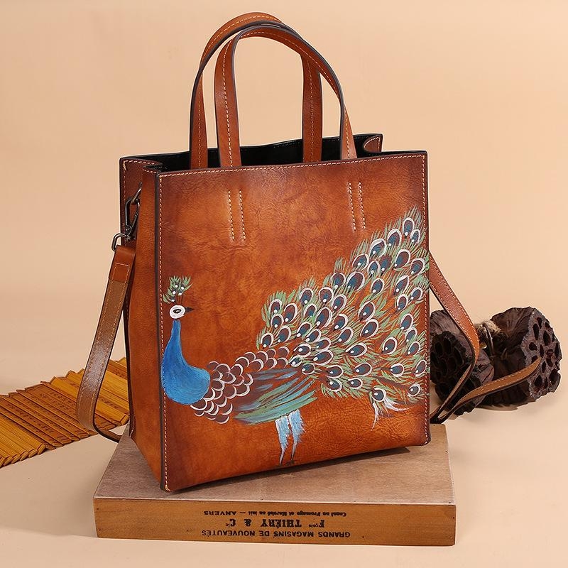Tan Peacock Leather Tote Bags Shoulder Shopper Bags