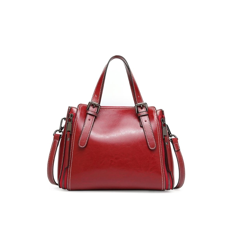 Burgundy Retro Double Zipper Shoulder Leather Handbags Office Bags ...