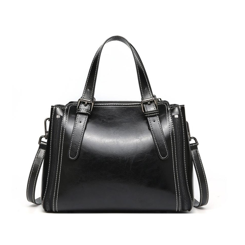 Black Retro Double Zipper Shoulder Leather Handbags | Baginning