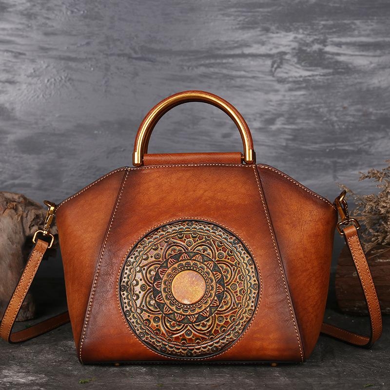 Russet-red Retro Flowers Embossed Cow Leather Handbags
