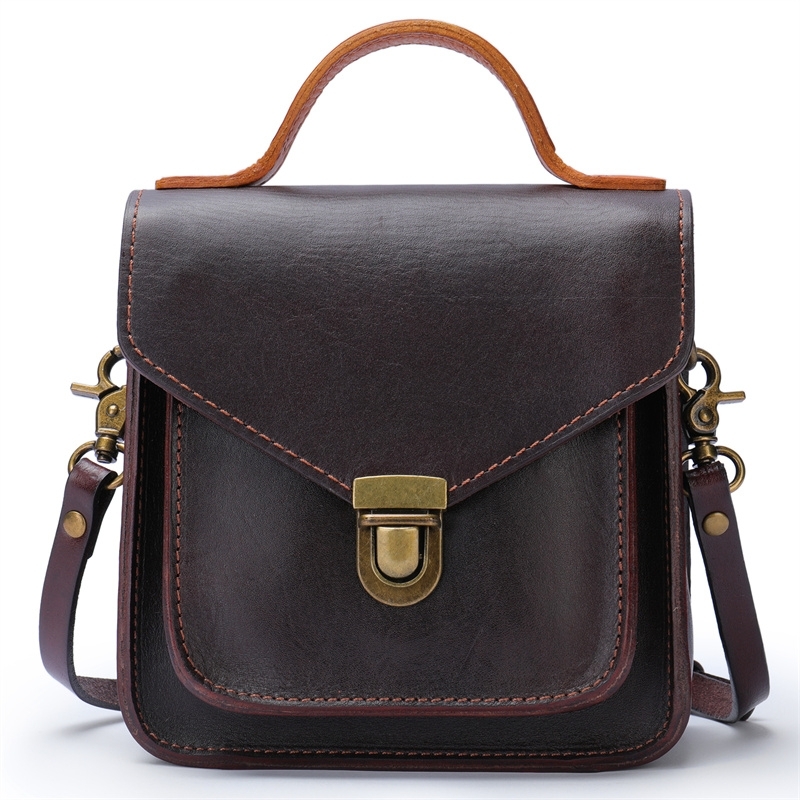 Coffee Brown Retro Leather Square Flap Mini Crossbody Bag Top Handle Vintage Handbags