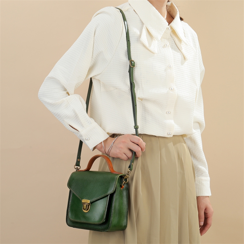 Green Retro Leather Square Flap Mini Crossbody Bag Top Handle Vintage Handbags