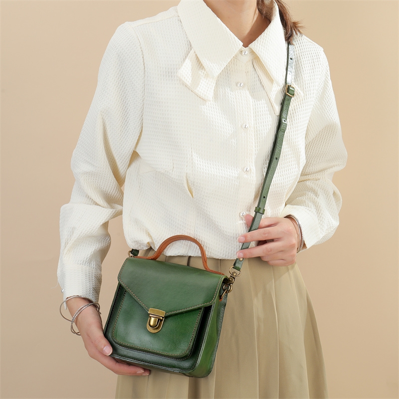 Green Retro Leather Square Flap Mini Crossbody Bag Top Handle Vintage Handbags