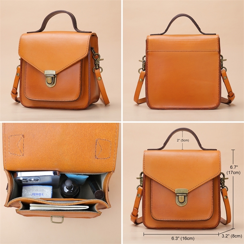 Coffee Brown Retro Leather Square Flap Mini Crossbody Bag Top Handle Vintage Handbags