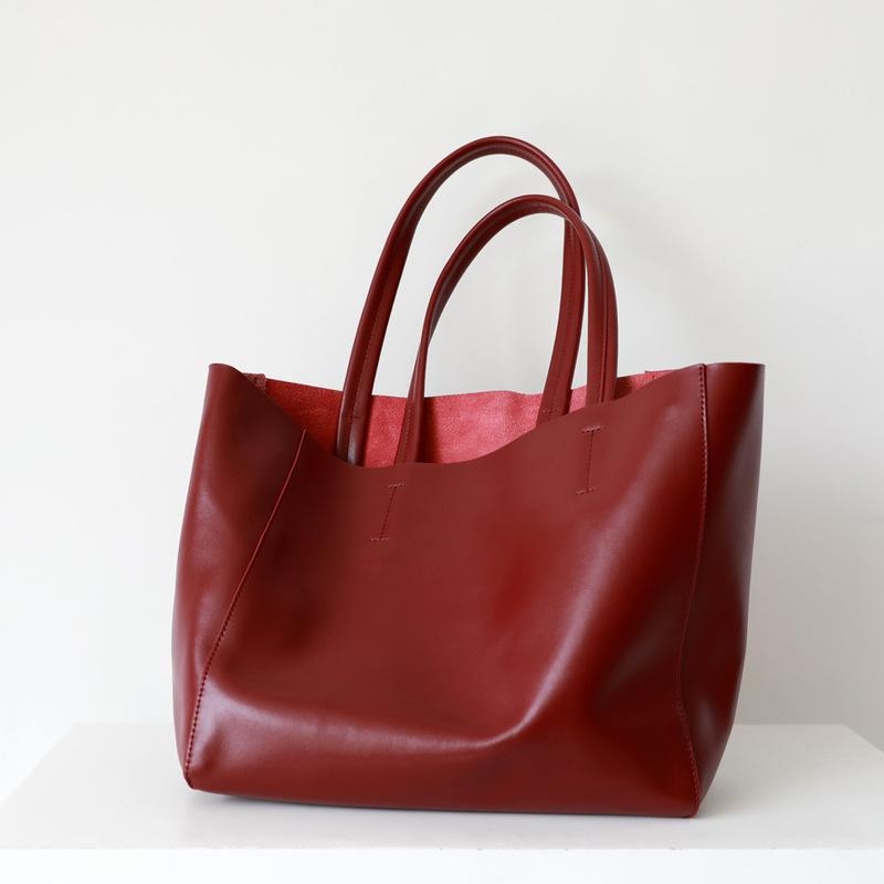 Burgundy Soft Daily Leather Tote Bags | Baginning