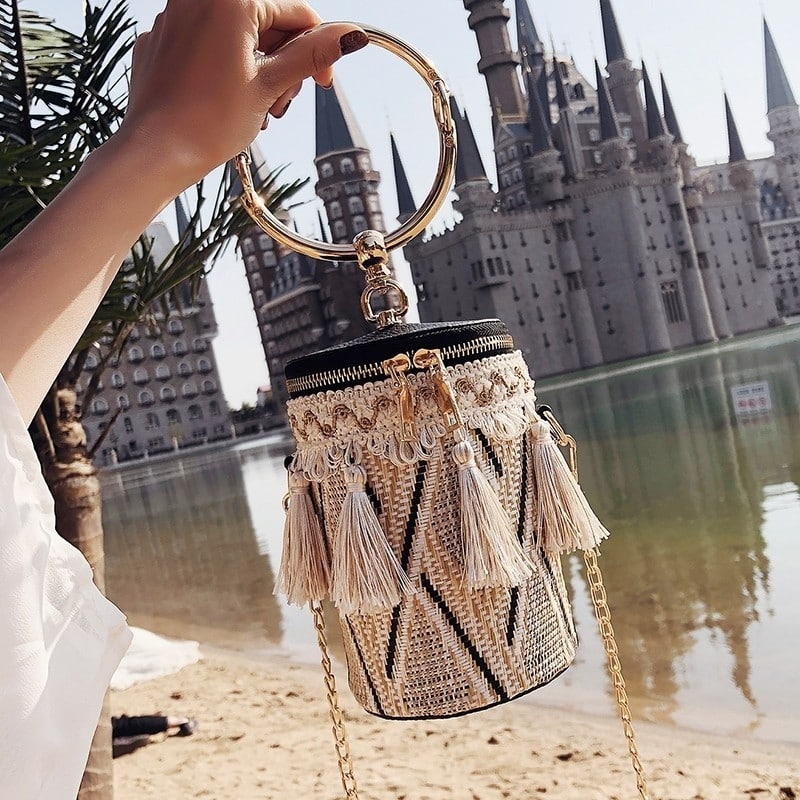Navy Bucket Handbag Tassels Woven Pattern  With Golden Metal Handle