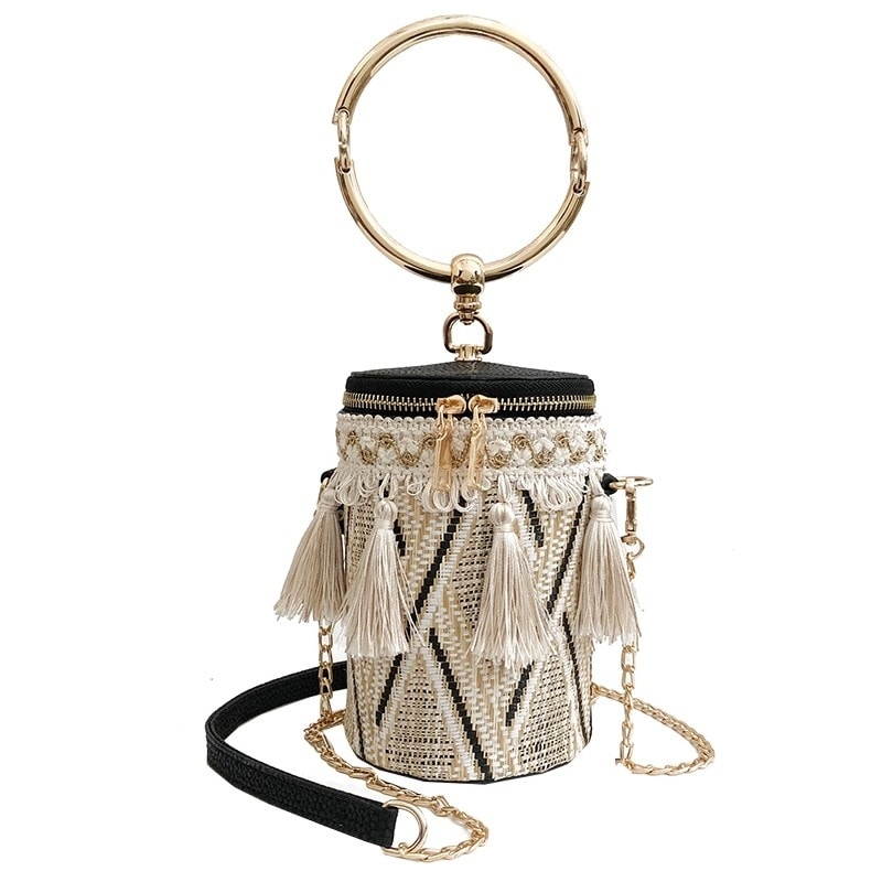 Beige Bucket Handbag Tassels Woven Pattern  With Golden Metal Handle