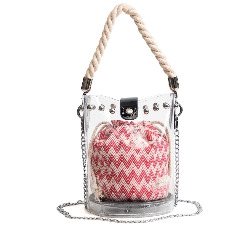 Studded Transparent Bucket Clear Bag with Blue Inner Pouch