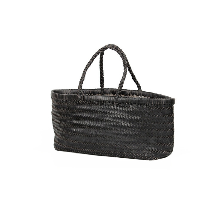 Black Cow Leather Woven Tote Handbags