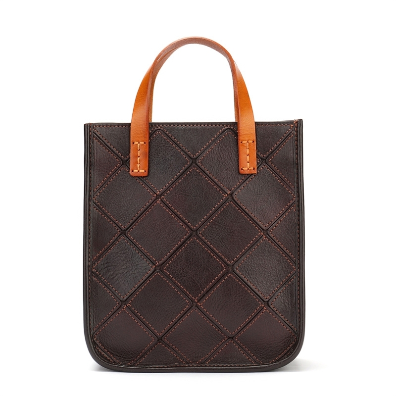Vintage Coffee-brown Ling Plaid Leather Mini Tote Top Handle Shoulder Bags