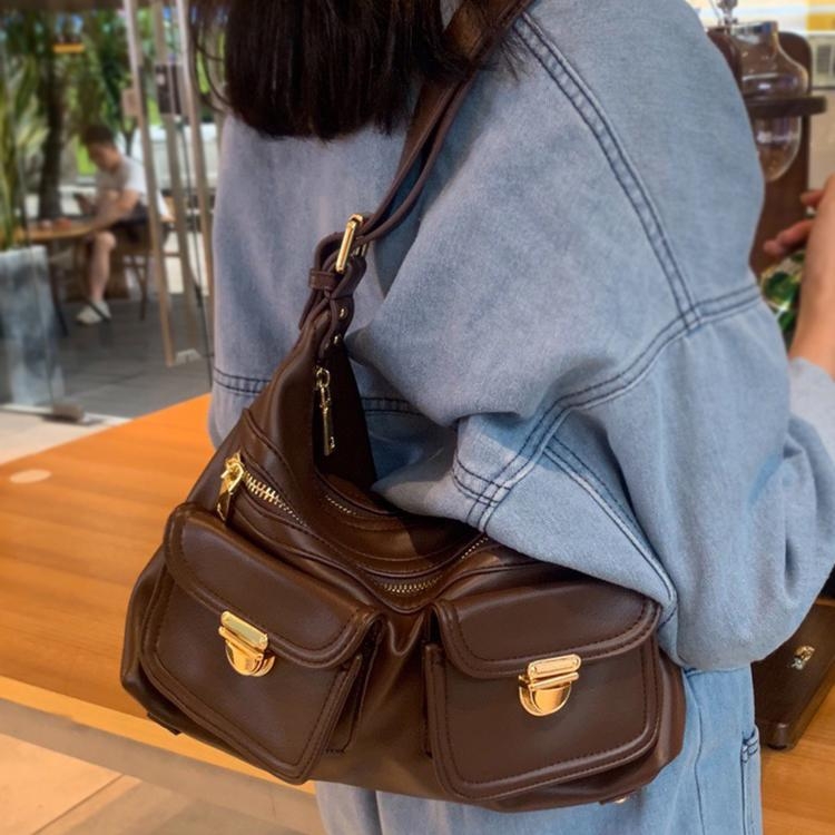 Coffee Vintage Zipper Messenger Bags Big Shoulder Bag with Wide Strap
