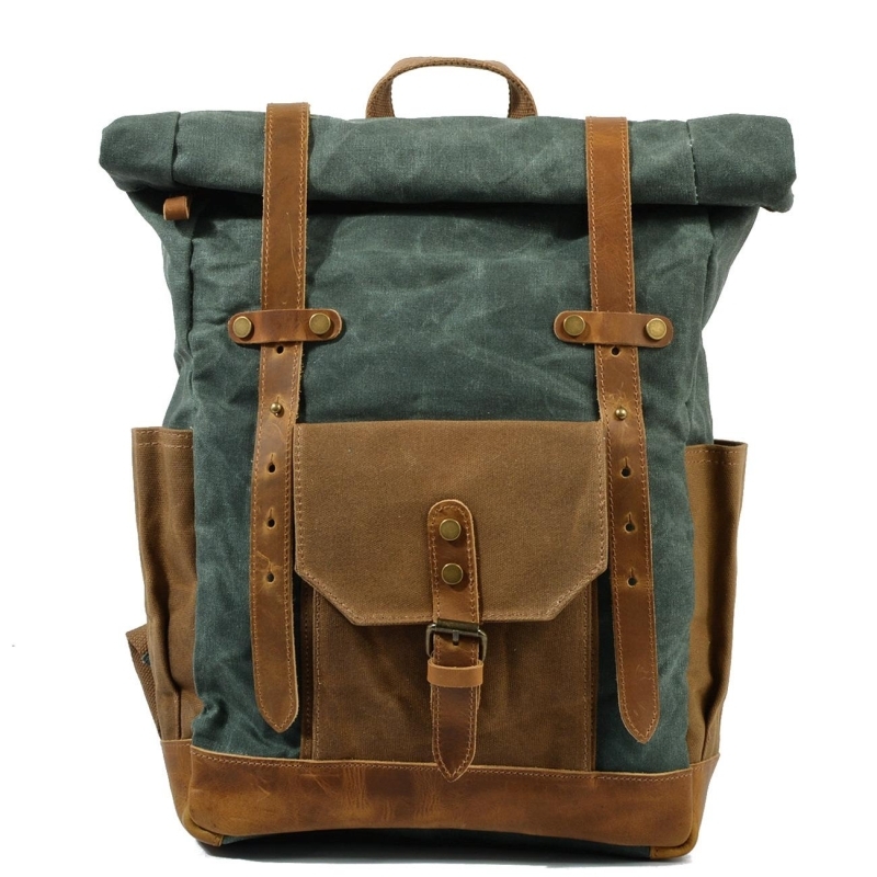 Olive Waterproof Travel Backpack Oil Leather&Canvas Big Backpacks