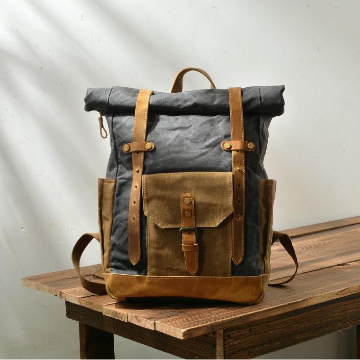 Coffee Waterproof Travel Backpack Oil Leather&Canvas Big Backpacks