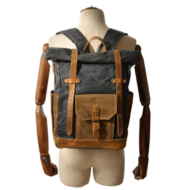 Coffee Waterproof Travel Backpack Oil Leather&Canvas Big Backpacks